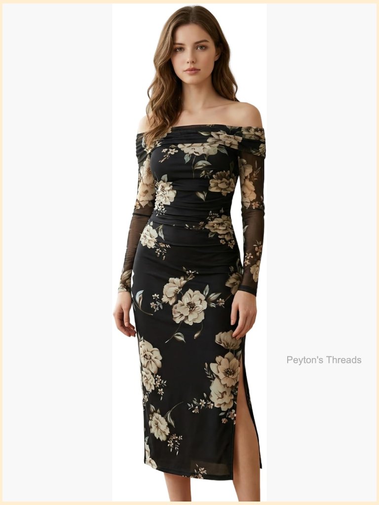 Off Shoulder Maxi Dress Long Sleeve Floral Bodycon Ruched Mesh Formal Wedding